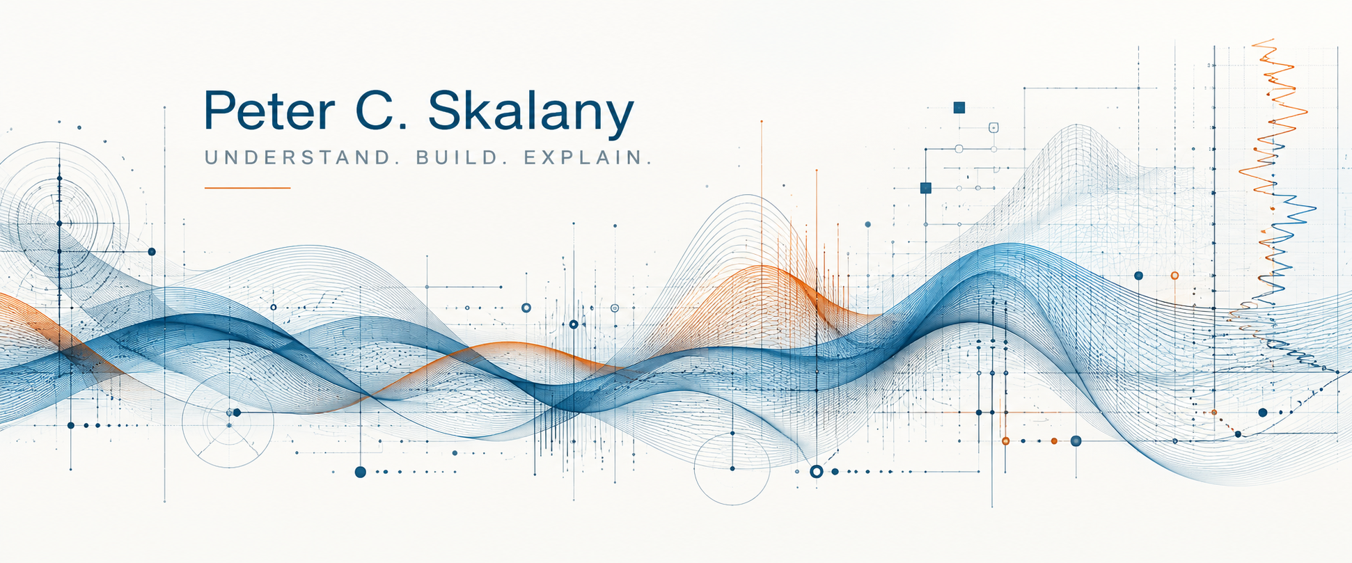 Peter C. Skalany — Understand. Build. Explain. Engineering-inspired waveform and data visualization graphic.